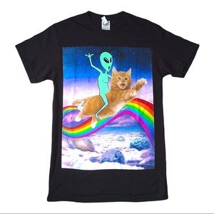 Alien Riding Cat Over a Rainbow in Space Silly Shirt Graphic Tee Black